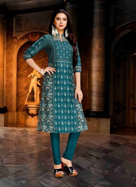 Teal Green Colour Latest Fancy Ethnic Wear Poly Digital Printed Designer Kurti Collection 4